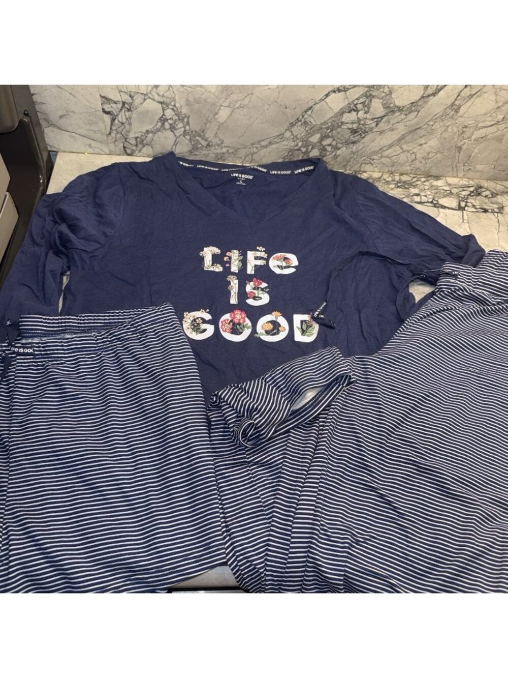 Life Is Good Women’s Large 3pc Pajama Lounge Set Blue Floral Striped
